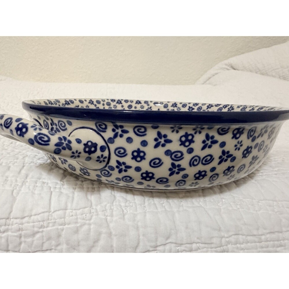 New Polish Pottery Ceramika Artstyczna Blue Confetti Handle Stonewear Dish